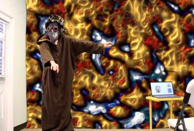 Wall Street Guillotine, 2022. Still performance by Linda Sibio. Blake Brousseau background.