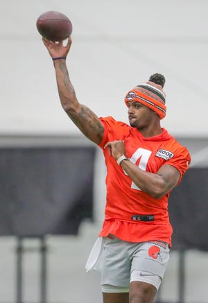 Cleveland Browns quarterback Deshaun Watson throws a pass during training camp on Wednesday, July 27, 2022 in Berea.