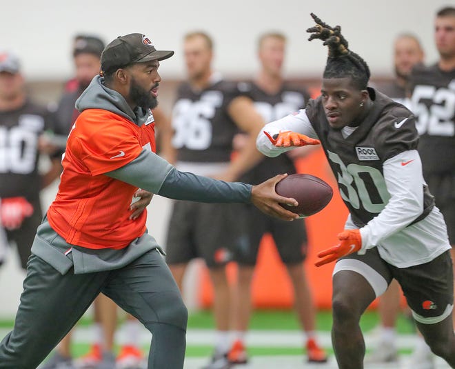 Cleveland Browns quarterback Jacoby Brissett hands the ball off to D'Ernest Johnson.