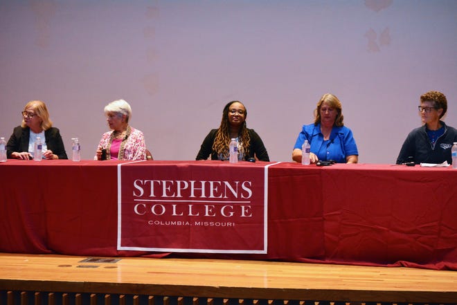 Former Columbia Mayor Mary Anne McCollum, from left; former Missouri State Rep. Vicki Riback Wilson; Shamon Jones, Republican candidate for Boone County recorder of deeds; Missouri State Rep. Cheri Toalson Reisch; and Boone County District II Commissioner Janet Thompson participate in a Show-Me Women in Politics forum Tuesday on the Stephens College campus.