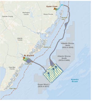 Ocean Wind 1's lease area is shown east of Cape May County.