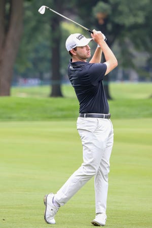 Patrick Cantlay hits a shot from the 18th fairway during the Rocket Mortgage Classic's Pro-Am at Detroit Golf Club on Wednesday, July 27, 2022.