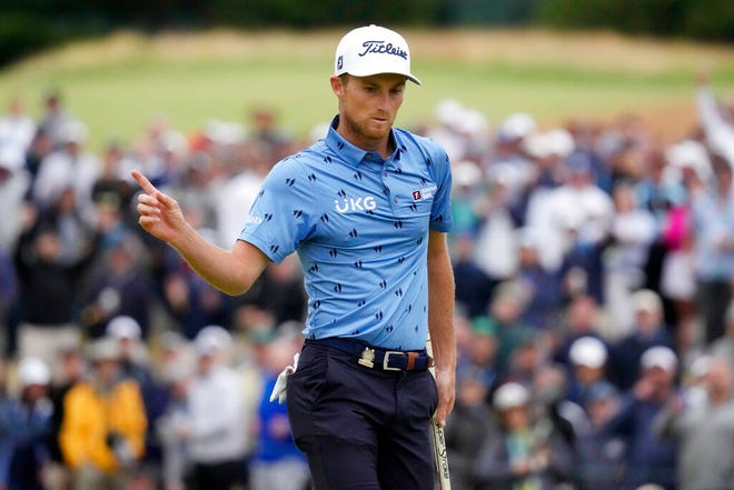 Will Zalatoris reacts after a putt on the ninth hole during the final round of the U.S. Open at The Country Club in Brookline, Mass.