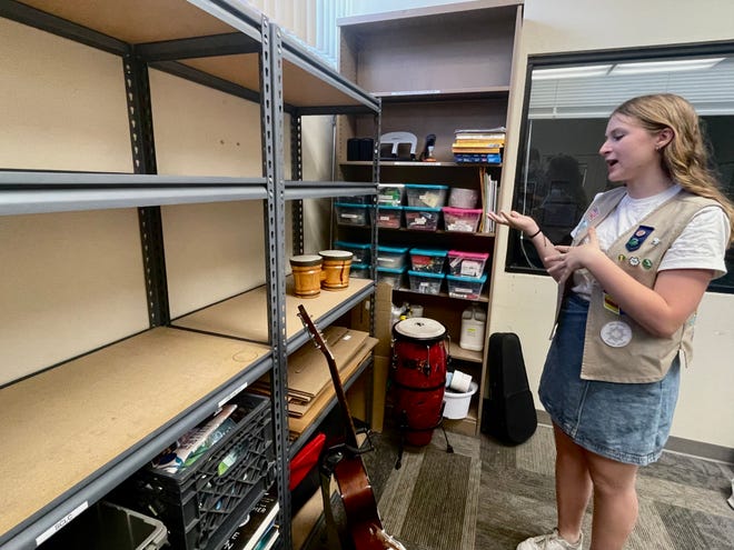 Maya Godard, a Girl Scout in Moorpark, is hoping to fill these shelves at the city library with donated string and percussion instruments.