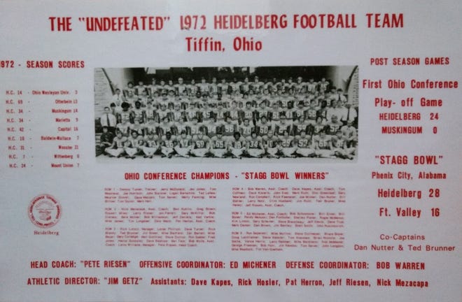 This Heidelberg College football poster shows the final score of the 1972 Stagg Bowl. The Student Princes defeated Fort Valley State to cap an undefeated season. Monmouth also finished the 1972 season with a perfect record, as did Ashland University. Both Monmouth and Ashland didn’t get the chance to extend their undefeated seasons in the Stagg Bowl.