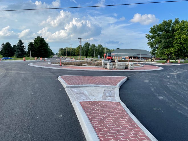 The nearly-completed Nebo-River road roundabout is shown July 27, 2022.
