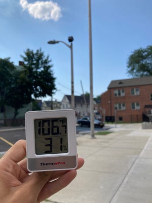 The courtyard at Loehr Court public housing where Yolanda Lee lives in Yonkers, New York, was nearly 107 degrees on July 24, 2022, when a heat wave was declared in the city. The official temperature around that time was 96 degrees. Humidity would have made it feel even hotter.