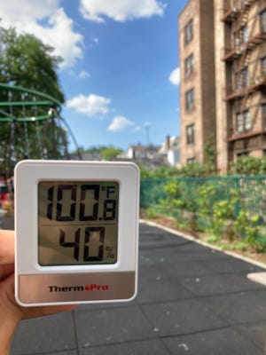The playground at Smith O'Hara Levine Park in Yonkers, New York, was nearly 101 degrees on July 24, 2022, when a heat wave was declared in the city. The official temperature around that time was 96 degrees. With humidity, the temperature felt even hotter.