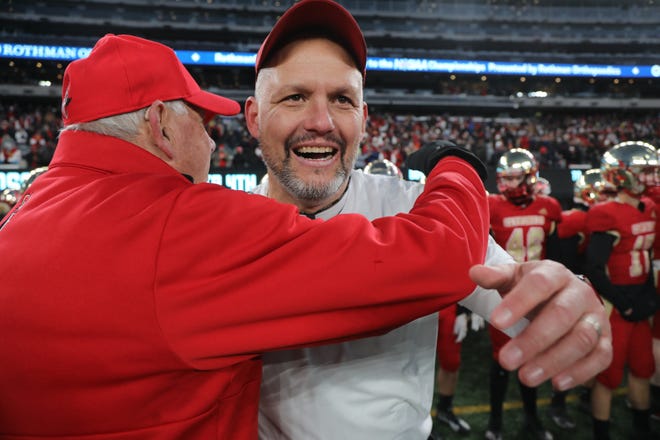 Bergen Catholic head coach Vito Campanile, shown in the closing seconds of his team's 28-7 win over Don Bosco to go undefeated this season and win the Non-Public A Championship game at MetLife Stadium on November 28, 2021, is the 2022 USA Today High School Sports Awards Boys Team Coach of the Year.