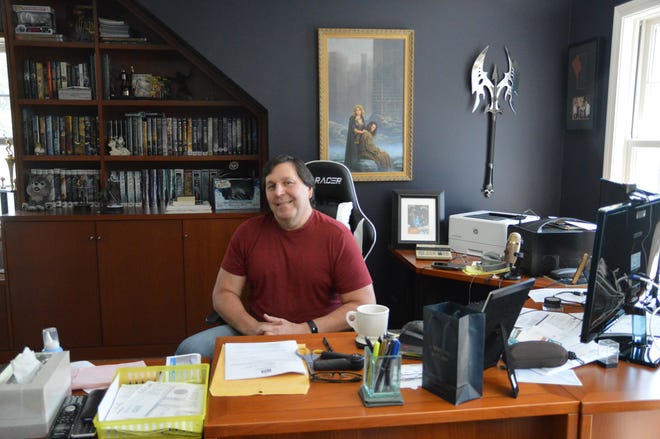 Author R.A. Salvatore is seen in his Leominster home Wednesday.