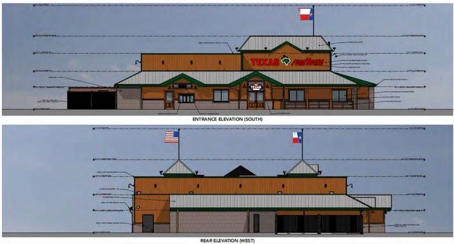 An architectural rendering shows what a Texas Roadhouse restaurant will look like once its constructed in Green Oak Township.