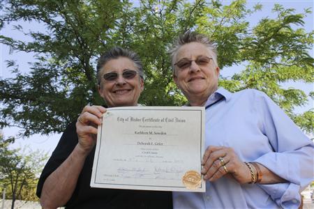 Kathy Sowden, 63, and Deborah Grier, 72, on the day they became the first same-sex couple to get a civil union in Arizona. 2013.