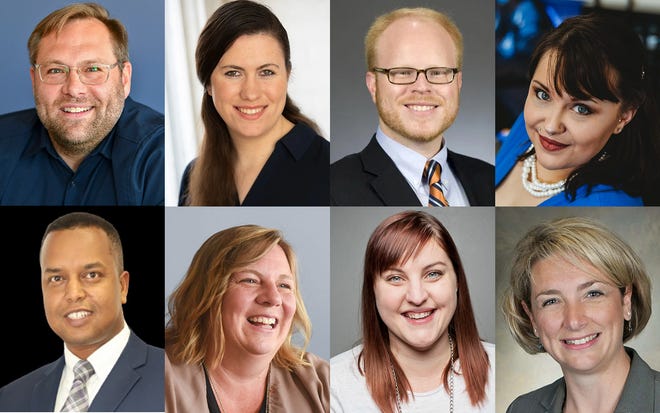 Candidates for the 2022 St. Cloud School Board are, from left to right, top row: Mike Bookers, Teresa Karlstedt, Zachary Dorholt, and Chantal Ocher. Bottom row: Bashir Omar, Nicole Liason, Natalie Lyngsmouth (Copeland), Heather Weems.