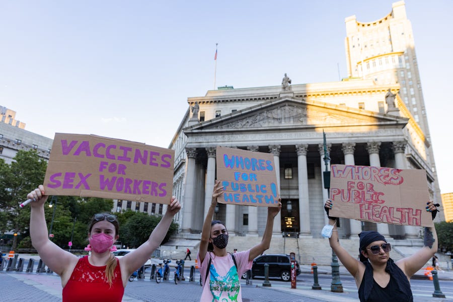 People protest during a rally calling for more government action to combat the spread of monkeypox at Foley Square on July 21, 2022, in New York City. At least 267 New Yorkers have tested positive for monkeypox, a virus similar to smallpox but with milder symptoms.