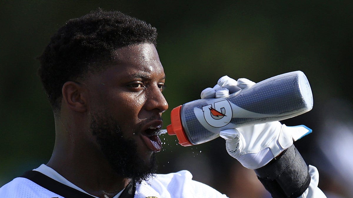 Jacksonville Jaguars defensive end/outside linebacker Josh Allen (41) keeps hydrated during day 2 of the Jaguars Training Camp Tuesday, July 26, 2022 at the Knight Sports Complex at Episcopal School of Jacksonville.