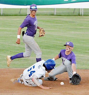 Renner base runner Joey Godshall slides safety into second base with a stolen base as Watertown Red Sox second baseman Leo Stroup scoops the throw Friday night during their game in the state Class A Baseball 16-and-under state tournament in Watertown. Backing up the play is Watertown's Nathan Briggs. The Red Sox finished 1-2 in the tourney.