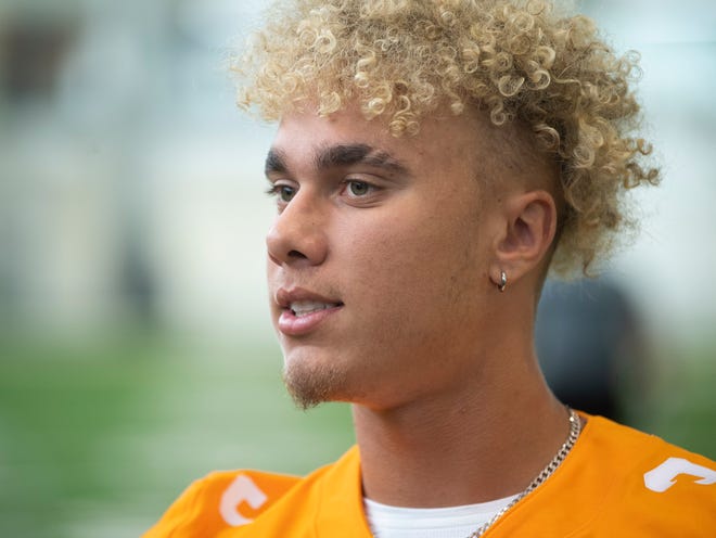 Tennessee quarterback Tayven Jackson answers questions during football media day in Knoxville, Tenn. on Sunday, July 31, 2022. 
