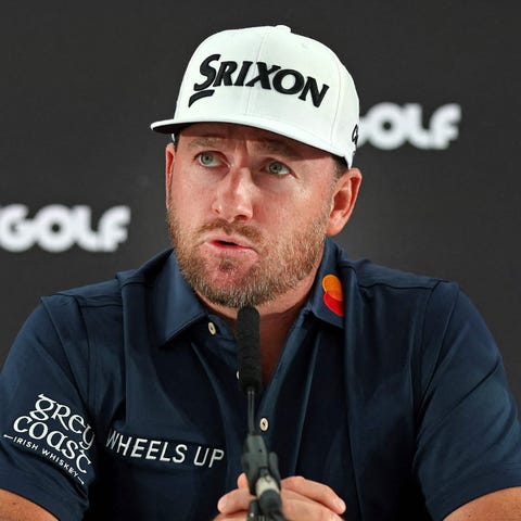 Graeme McDowell speaks to reporters during the LIV