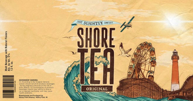 A flattened label for a can of "Shore Tea" created by Jeff Plate, the former owner of Asbury Park Brewery, is shown in Lake Como Monday August 1, 2022.  He claims that Cape May Brewing took his concept and has now teamed up with Wawa to sell "Shore Tea" - an iced tea with alcohol.
