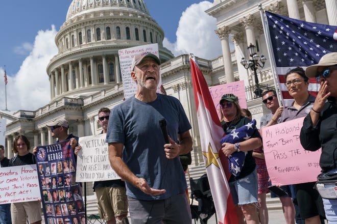 Veterans, military families and advocates join activist Jon Stewart in calling on Senate Republicans to change their vote on a bill to help millions of veterans exposed to toxic substances during their military service, Aug. 2 Monday, January 1, 2021 at the Capitol in Washington.
