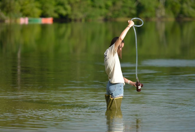 Association for the Preservation of Cape Cod intern Leah Stucke takes a water sample from Lovells Pond in Cotuit Aug. 1, 2022. APCC monitors the quality of more than 150 ponds across the Cape each year.