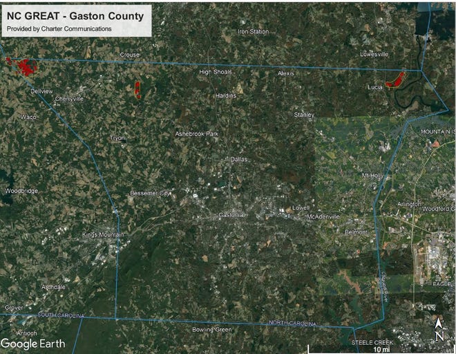 The far northeastern and northwestern parts of Gaston County do not have broadband access, the county said.