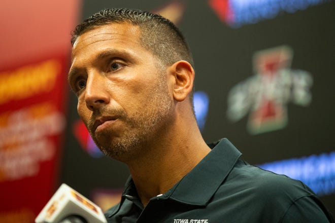 Iowa State head coach Matt Campbell speaks to reporters during the Cyclones' media day Tuesday, Aug.  2, 2022 in Ames.
