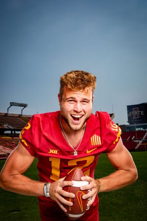 Hunter Dekkers poses for a photo Tuesday during Iowa State Football Media Day at Jack Trice Stadium in Ames.