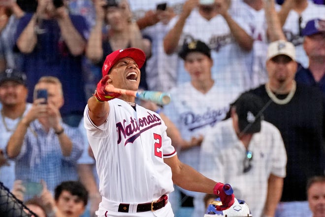 Juan Soto celebrates after winning the 2022 Home Run Derby.