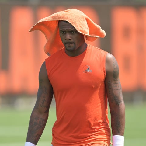 Cleveland Browns quarterback Deshaun Watson walks 