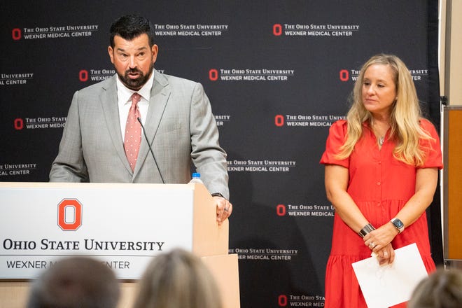 Aug 3, 2022; Columbus, OH, USA;  The Ohio State University head football coach Ryan Day and his wife, Nina, announce a $1 million donation to fund research and services that promote mental health at The Ohio State University Wexner Medical Center and College of Medicine. The Nina and Ryan Day Resilience Fund will be housed in the Department of Psychiatry and Behavioral Health.
