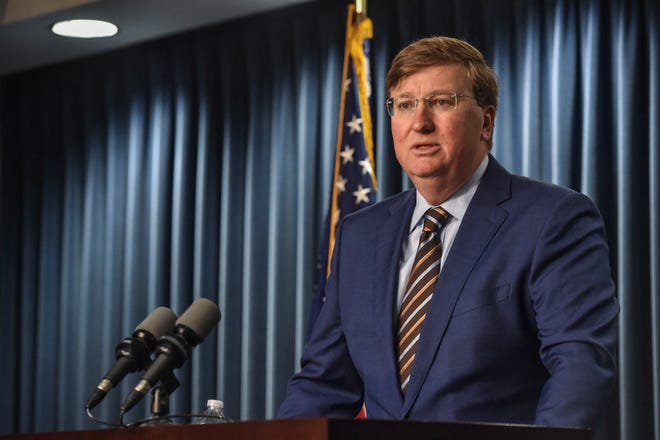 Mississippi Gov.  Tate Reeves speaks at a press conference regarding the Rental Assistance for Mississippians Program (RAMP) established during the COVID-19 pandemic in Jackson, Miss., Wednesday, Aug.  3, 2022.
