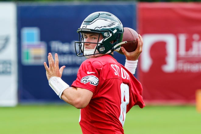 Philadelphia Eagles' Carson Strong in action during practice at NFL football team's training camp, Wednesday, July 27, 2022, in Philadelphia. (AP Photo/Chris Szagola)