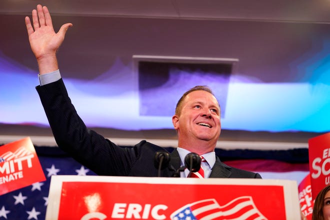 Eric Schmitt speaks at an election-night gathering after winning the Republican primary for U.S. Senate at the Sheraton in Westport Plaza on August 02, 2022 in St Louis, Missouri.