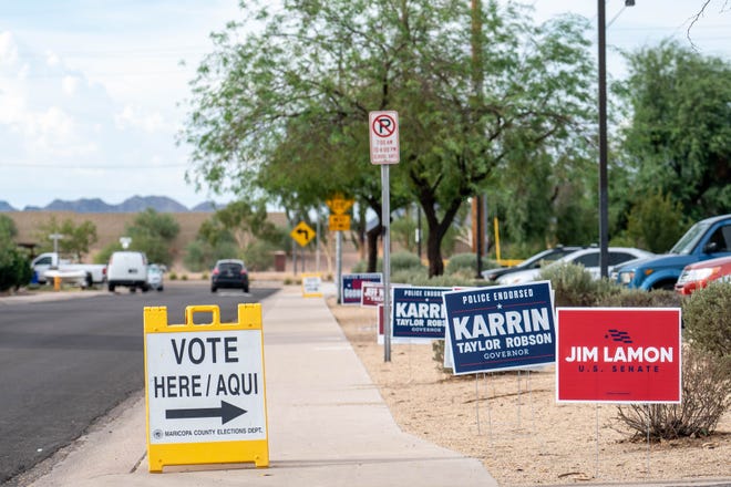A voting location for Arizona's midterm primary election at David Crockett Elementary School in Phoenix on August 2, 2022.