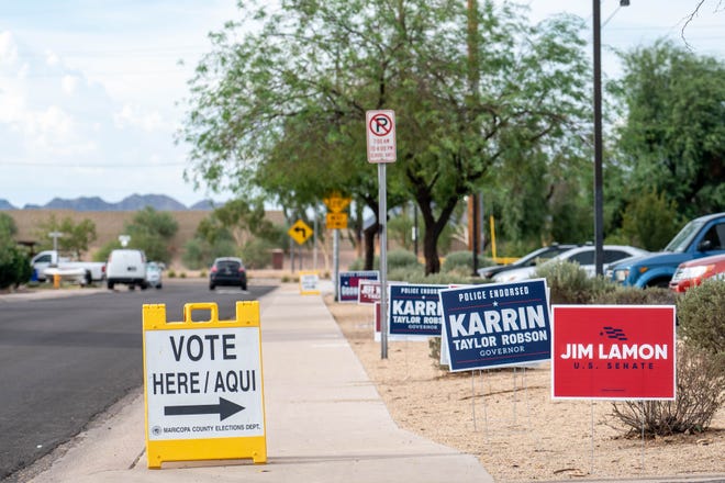 A voting location for Arizona’s midterm primary election at David Crockett Elementary School in Phoenix on August 2, 2022.