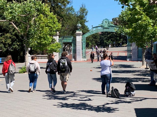Students walk in Sproul Plaza at the University of California, Berkeley, where surrounding rents for off-campus housing are up by more than 9% over last year.