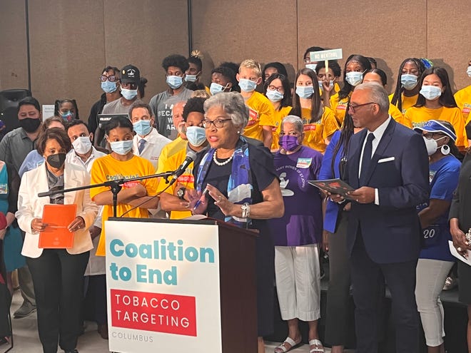 Congresswoman Joyce Beatty discusses the importance of ending the sale of flavored tobacco products during a Thursday news conference for the Coalition to End Tobacco Targeting.