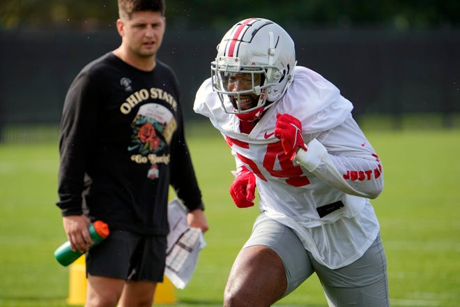Aug 4, 2022;  Columbus, OH, USA;  Ohio State Buckeyes defensive end Tyler Friday (54) runs during first fall practice at the Woody Hayes Athletic Center.  Mandatory Credit: Adam Cairns-The Columbus Dispatch