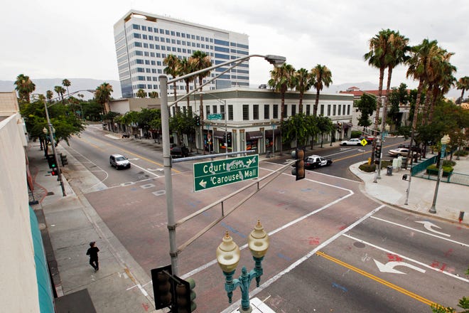 FILE - Downtown San Bernardino, Calif., is seen on July 12, 2012. Voters in Southern California's San Bernardino County will have the chance to decide in November whether they want the county to potentially secede from the state.