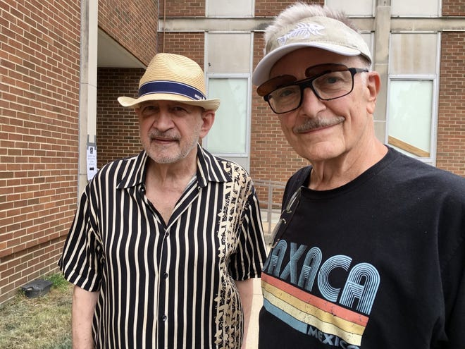 August 4, 2022. Voters Thom Cardwell, 77, and James Ramsey, 76, pose for a portrait outside the polling site at the Shelby County Board of Education.