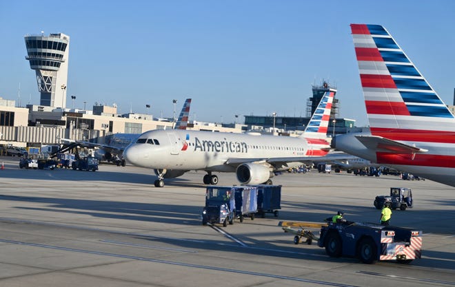 American Airlines planes are seen at Philadelphia International Airport in Philadelphia, Pennsylvania, on June 20, 2022. (Photo by Daniel SLIM/AFP) (Photo by DANIEL SLIM/AFP via Getty Images) ORG XMIT: 0 ORIG FILE ID: AFP_32CV4CW.jpg