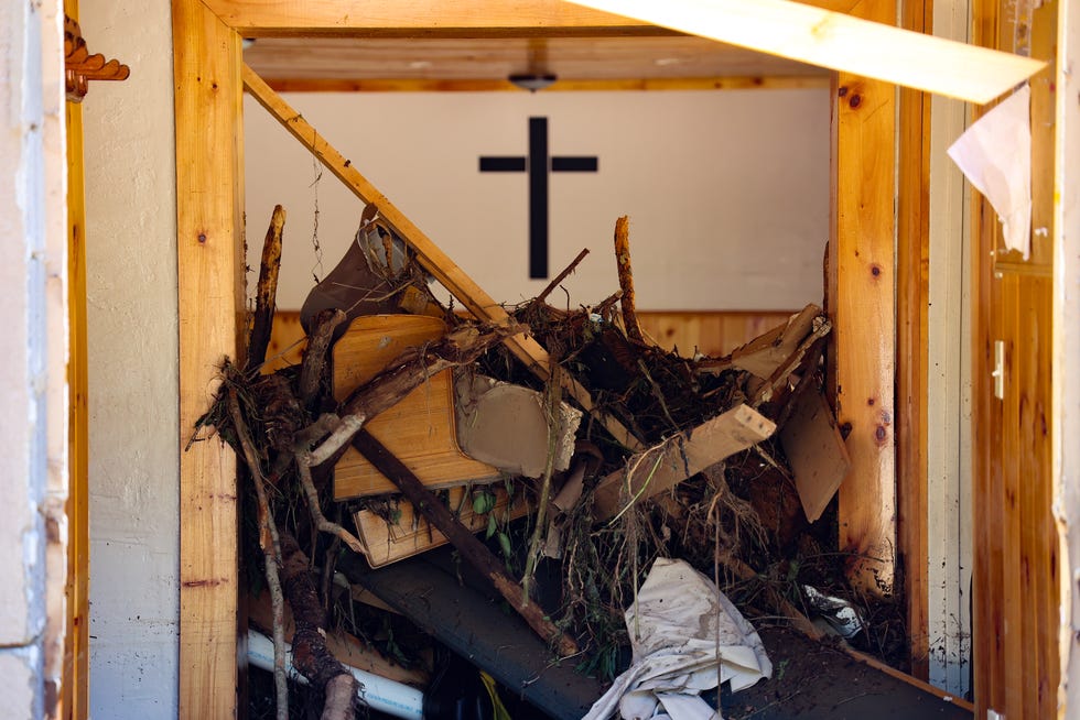 Flood damage in a church in Breathitt County, Kentucky.