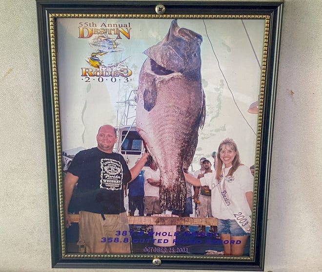 This photo of a 358.8-pound Warsaw caught aboard the Big John in the 2003 Destin Fishing Rodeo hangs on the wall inside the cabin of the Big John.