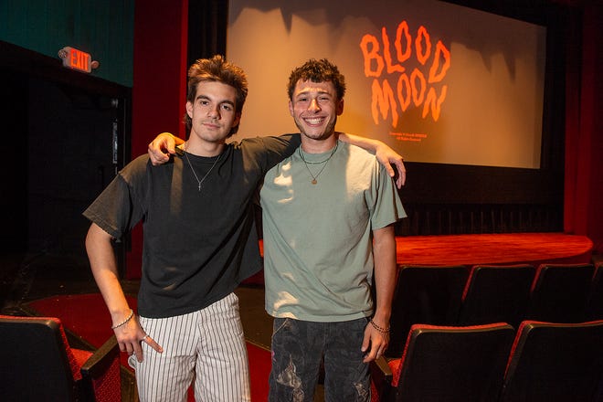 Caleb Spilios, left, and Ethan Charles, pictured in the in the Maynard Fine Arts Theatre, Aug.  5, 2022. Their new movie, 