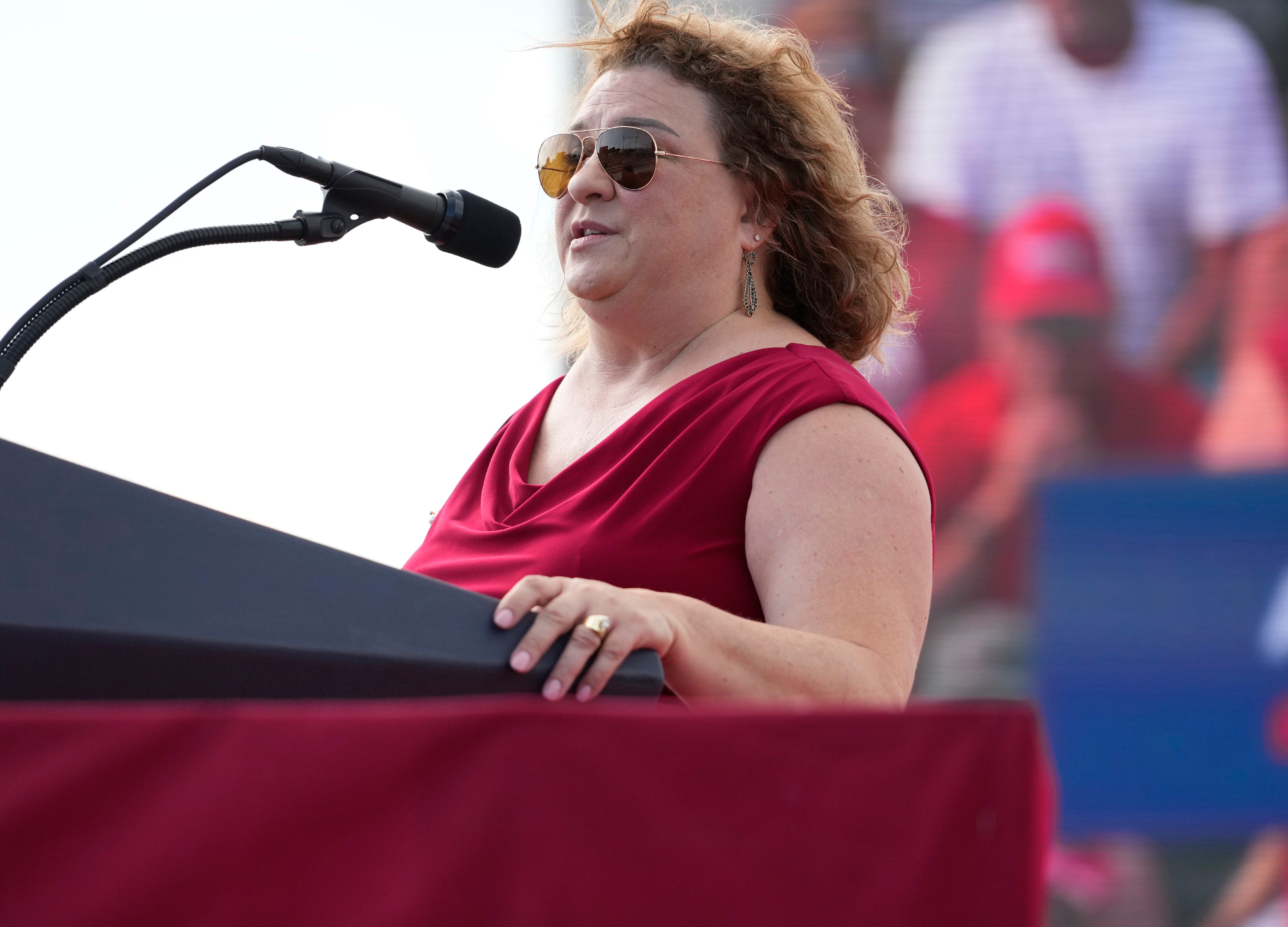 Rep. Janel Brandtjen speaks as former President Donald Trump held a campaign rally for Republican candidate for Governor Tim Michels at the Waukesha County Fairgrounds in Waukesha on Friday, Aug. 5, 2022.
