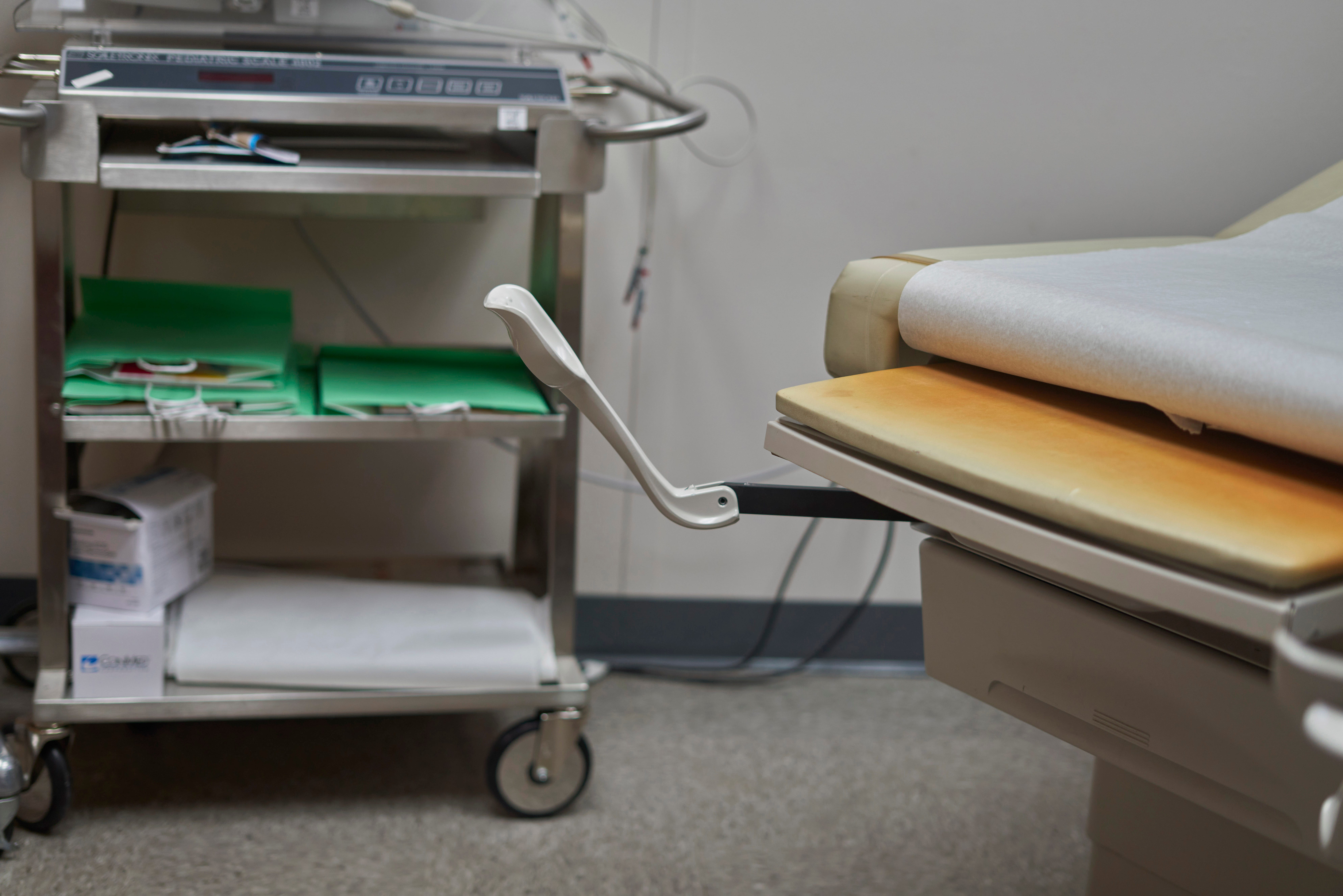 A stirrup is connected to an exam table in one of two exam rooms at the Fort McDermitt Paiute and Shoshone Tribes medical Clinic on the Fort McDermitt Paiute and Shoshone Indian Reservation, Nevada.