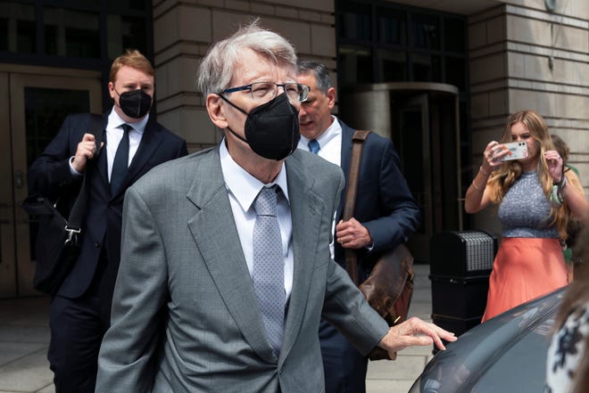 Author Stephen King leaves federal court after testifying for the Department of Justice as it bids to block the proposed merger of two of the world's biggest publishers, Penguin Random House and Simon & Schuster, Tuesday, Aug.  2, 2022, in Washington.