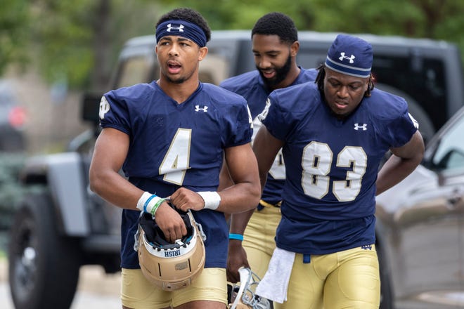 Wide receivers Lorenzo Styles, left, and Jayden Thomas become even bigger keys for Notre Dame with the recent injury loss of veteran Avery Davis.