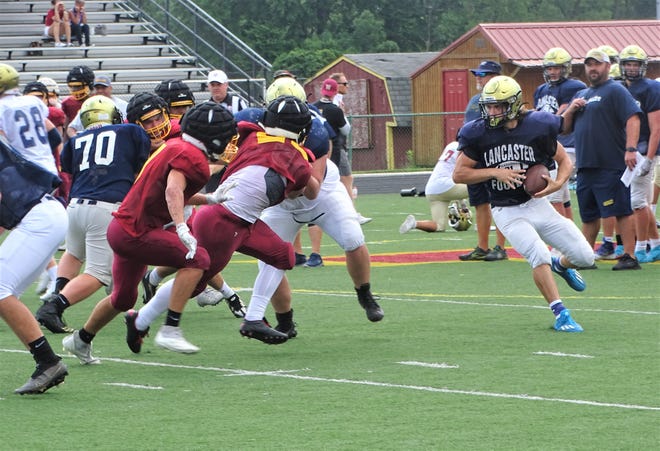 The Lancaster football team played in its first scrimmage on Saturday at Westerville North. The Gales also faced Watterson and Marion-Franklin.